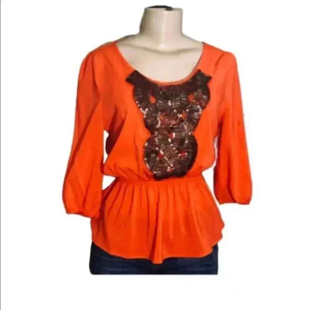Annabella Blouse Orange Copper Beaded Top Sz Small